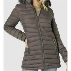 Women's Junior Hooded Full Length Puffer Water Resistent Jacket Warm Quilted Med